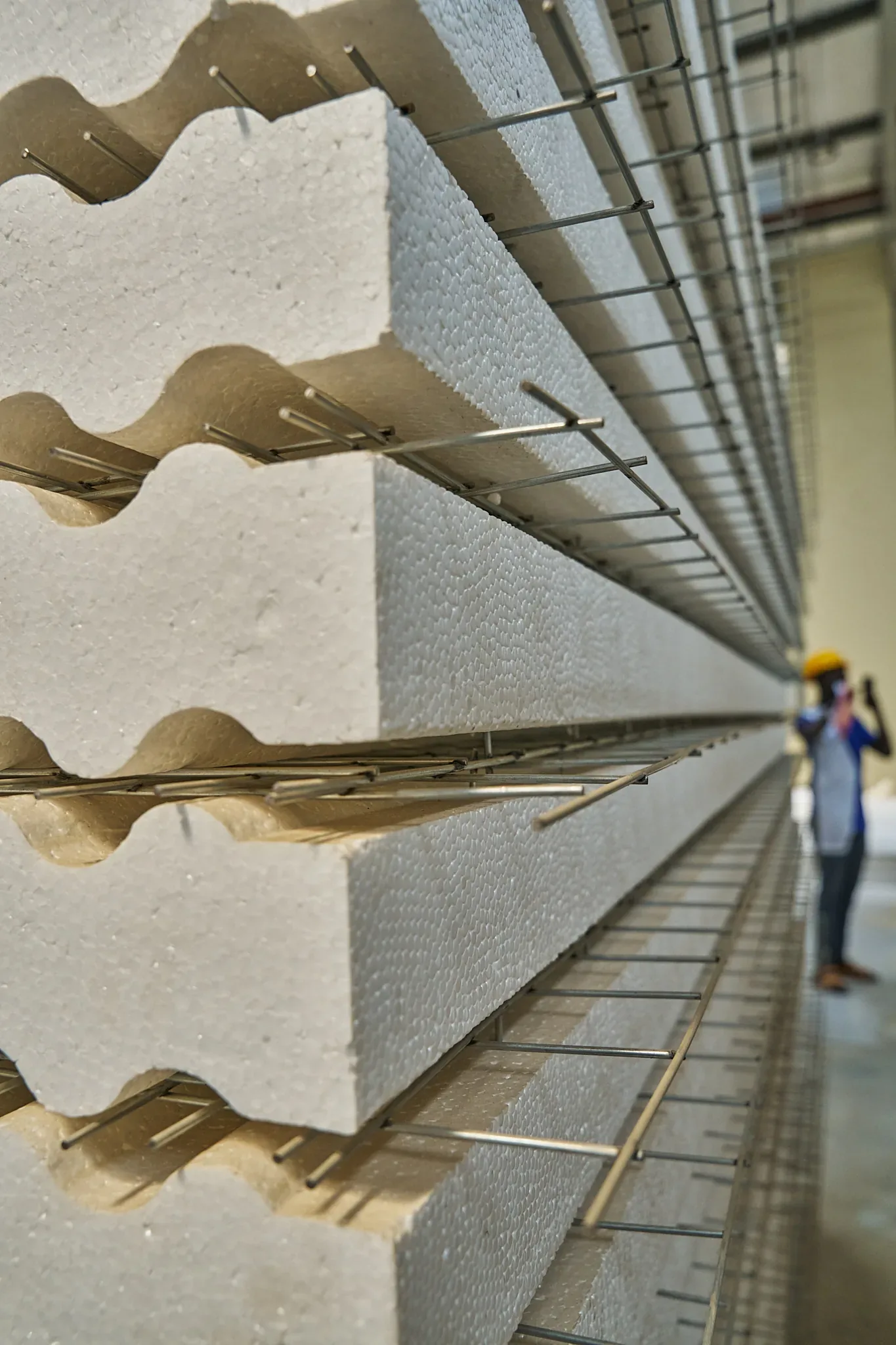 Close-up of a SPECO EPS 3D wall panel edge showing the insulated core and galvanised wire mesh