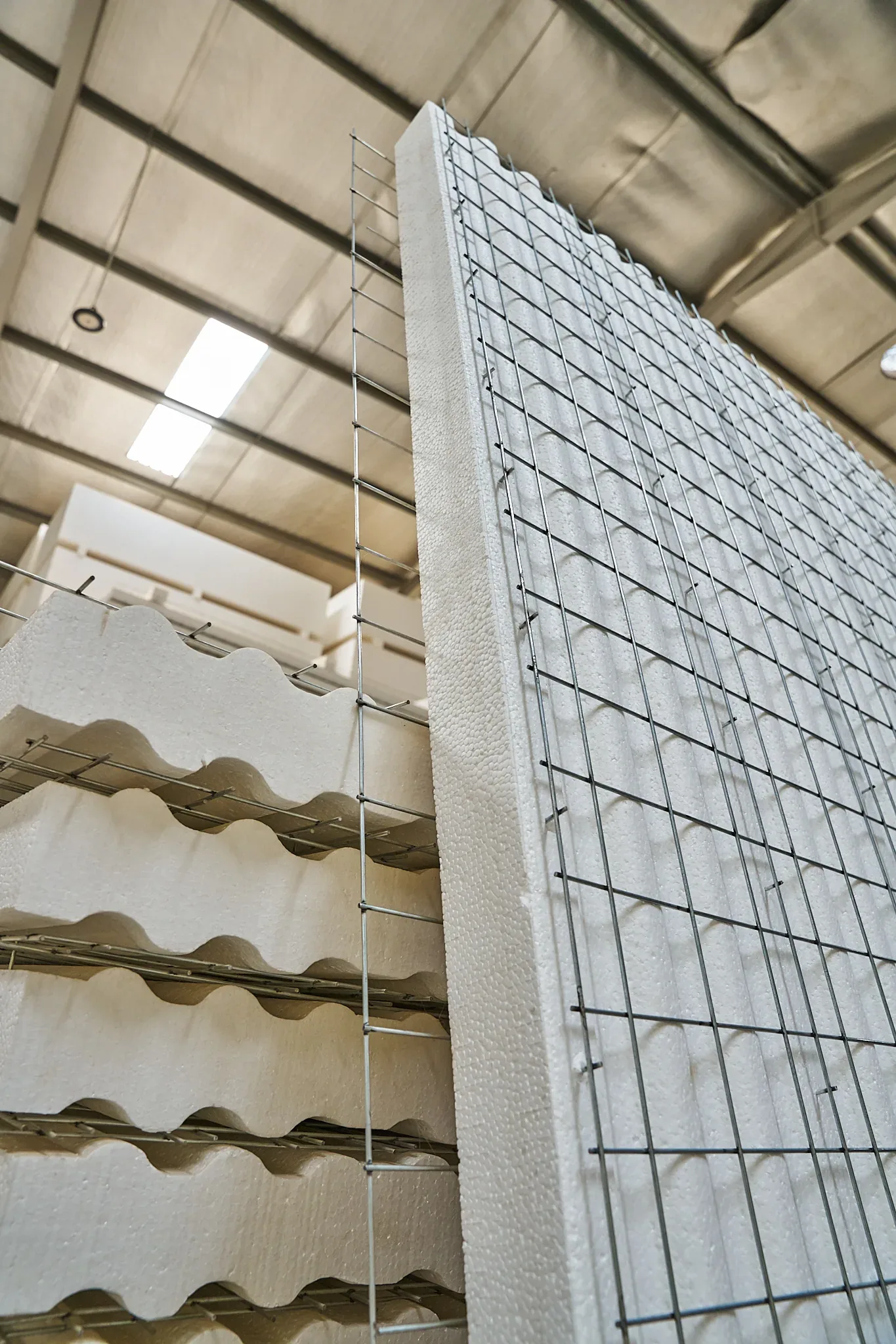 Welded steel mesh face of a SPECO EPS 3D wall panel at the Juba factory