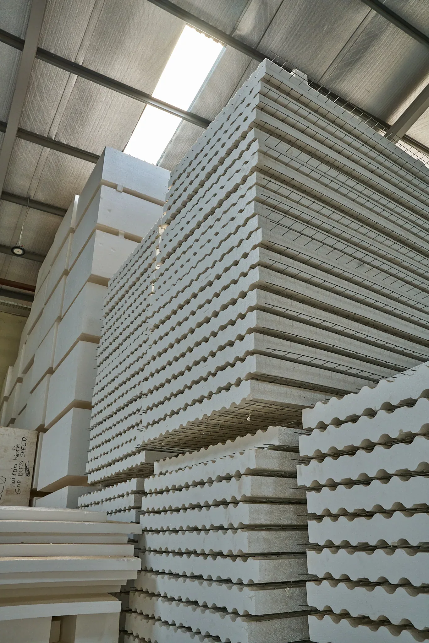 Finished EPS 3D wall panels stacked at the SPECO factory in Juba, South Sudan