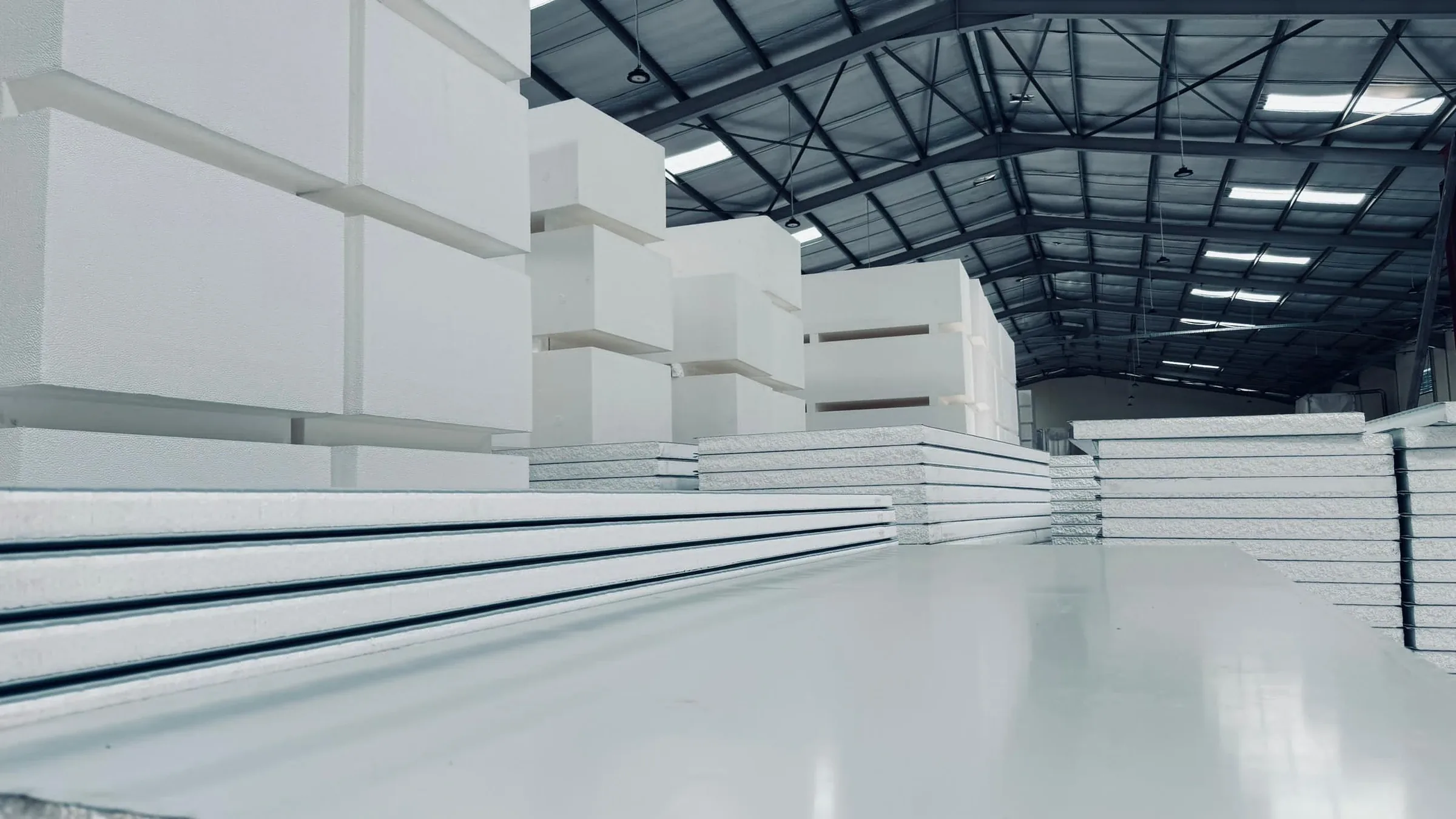 Wide view of the SPECO prefab warehouse in Juba with panel stock