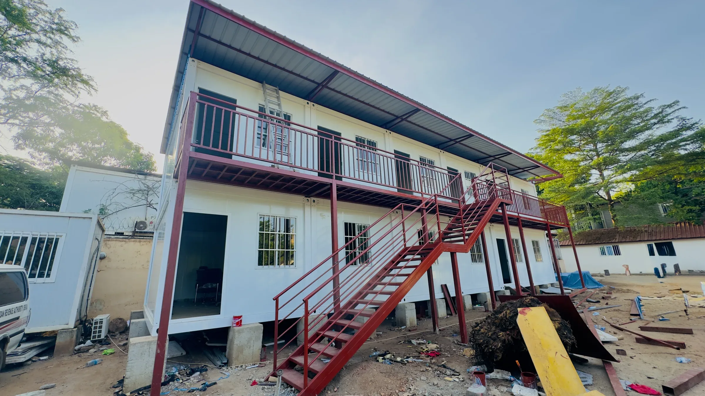 Two-storey SPECO prefab building with external stairs, Juba